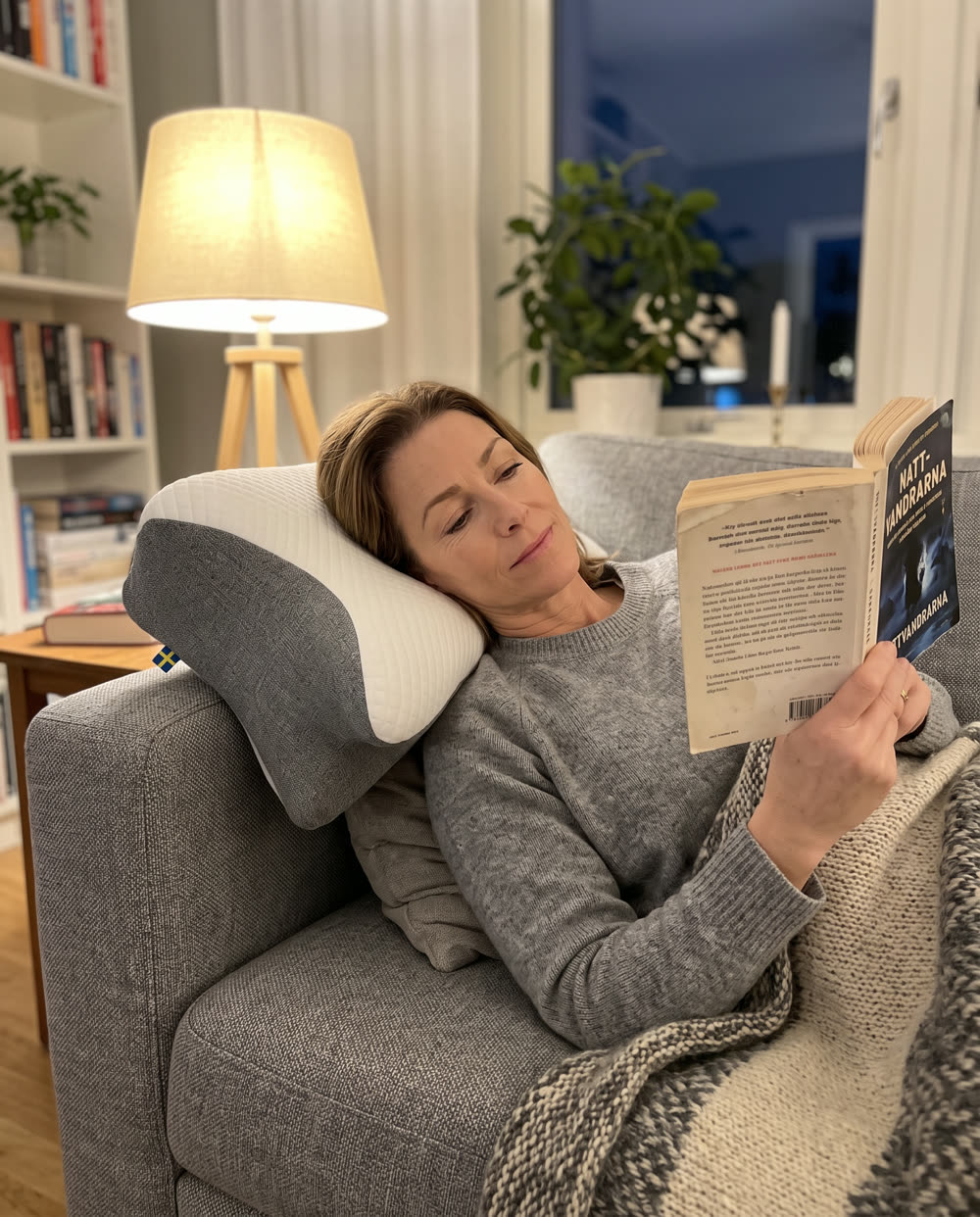 Kvinde læser på sofaen med hovedet på SleepEase sovepude