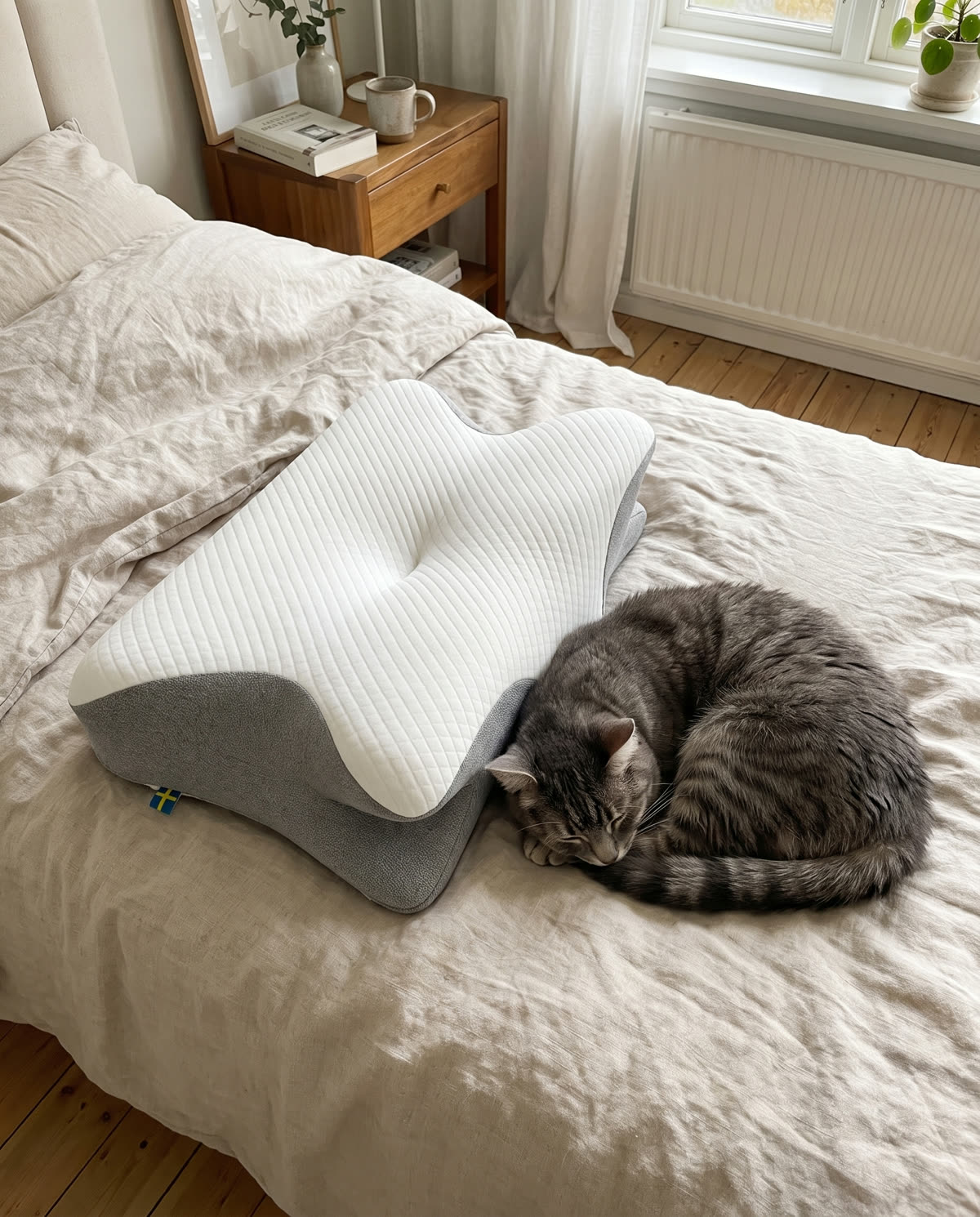 Kat sover ved siden af SleepEase sovepude på sengen