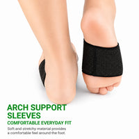 Svarta elastiska fotvalvsstöd burna runt mellanfoten med infographic om bekväm vardagspassform.