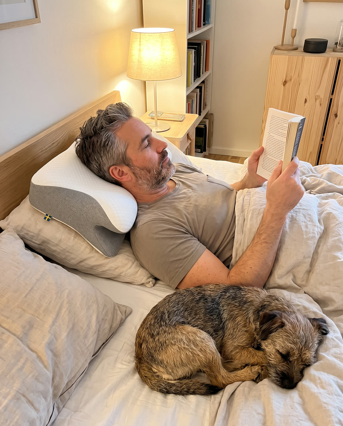 Mand læser i sengen med hovedet på SleepEase sovepude, hund ligger ved fodenden